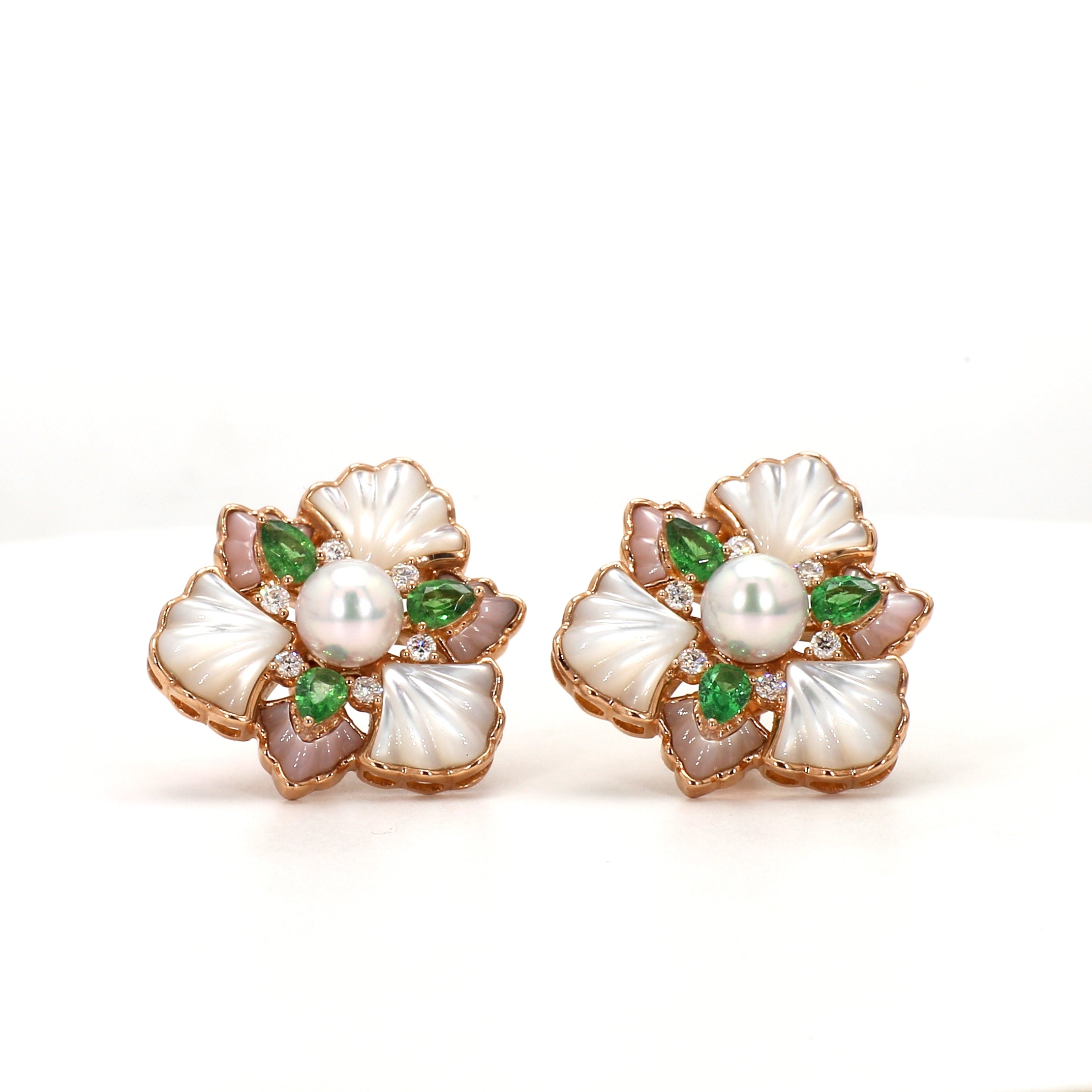 Rose Gold Floral Studs with Opal and Diamonds